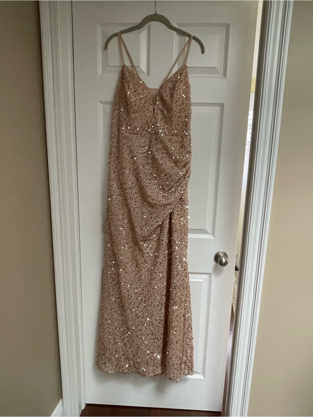 Sequined Nude Slip Gown with Side Drape